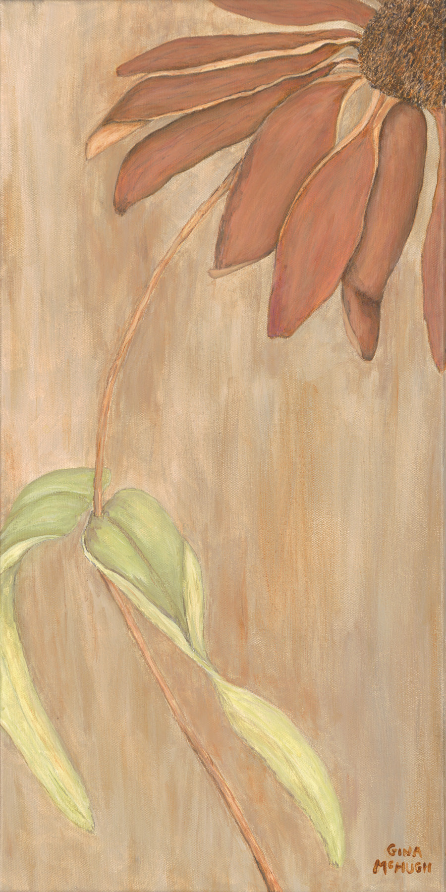 An art print of a late summer zinnia flower with sepia and sienna tones, featuring a unique perspective.