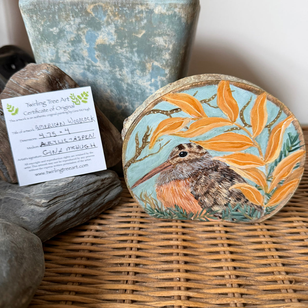 American Woodcock - Mini Original Painting on Freestanding Aspen Wood Slice