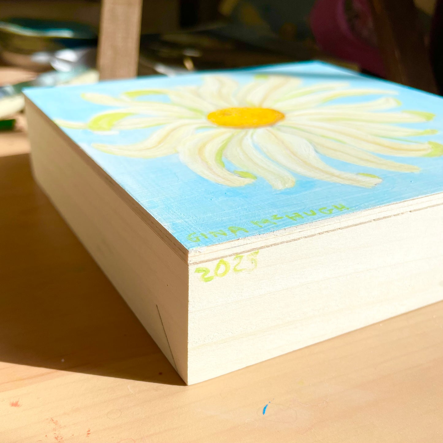 Painting on a 1 1/2” deep wood panel to display on a wall , shelf, or mantle