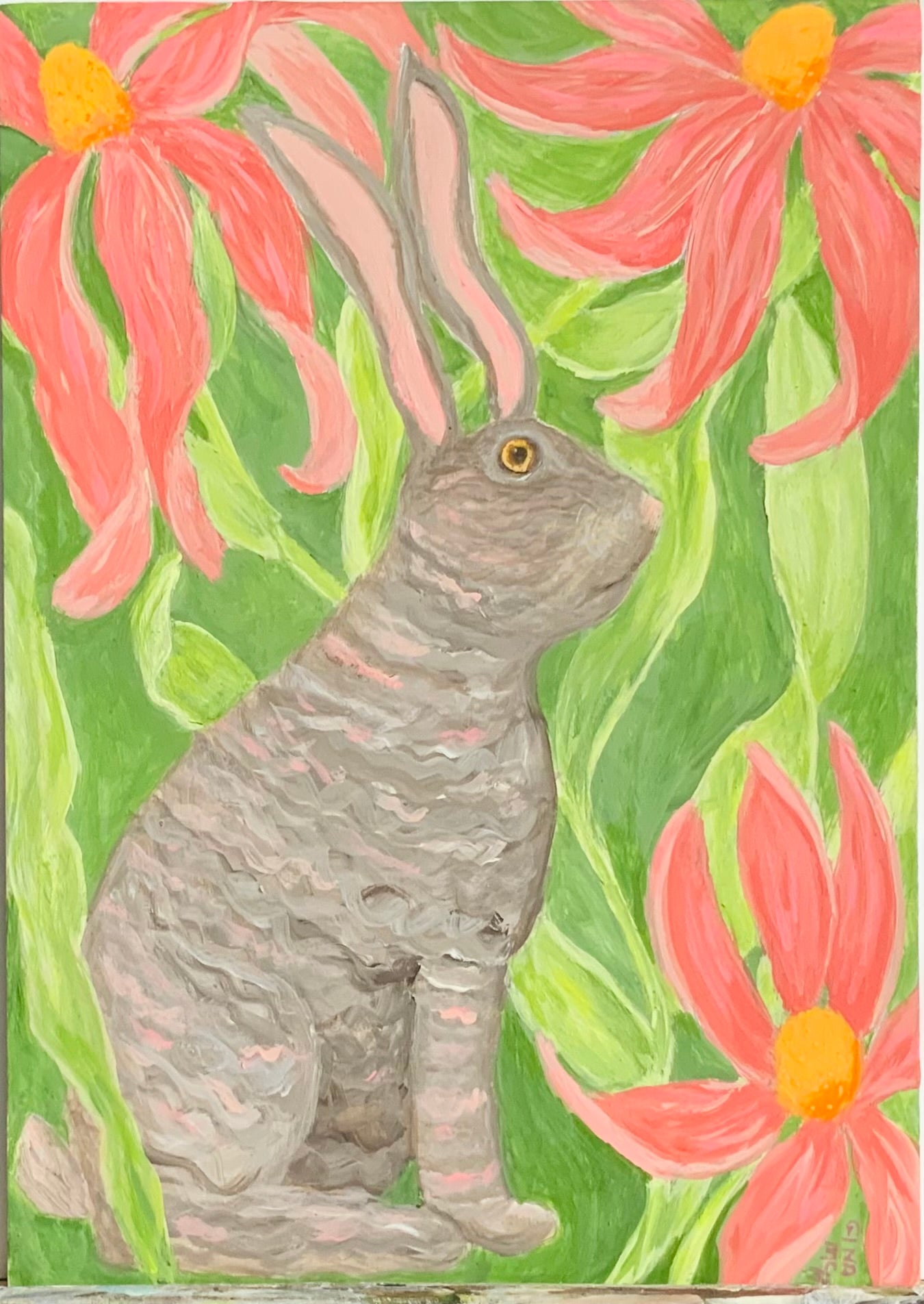 Illustration of a rabbit with long ears among pink flowers on a green background