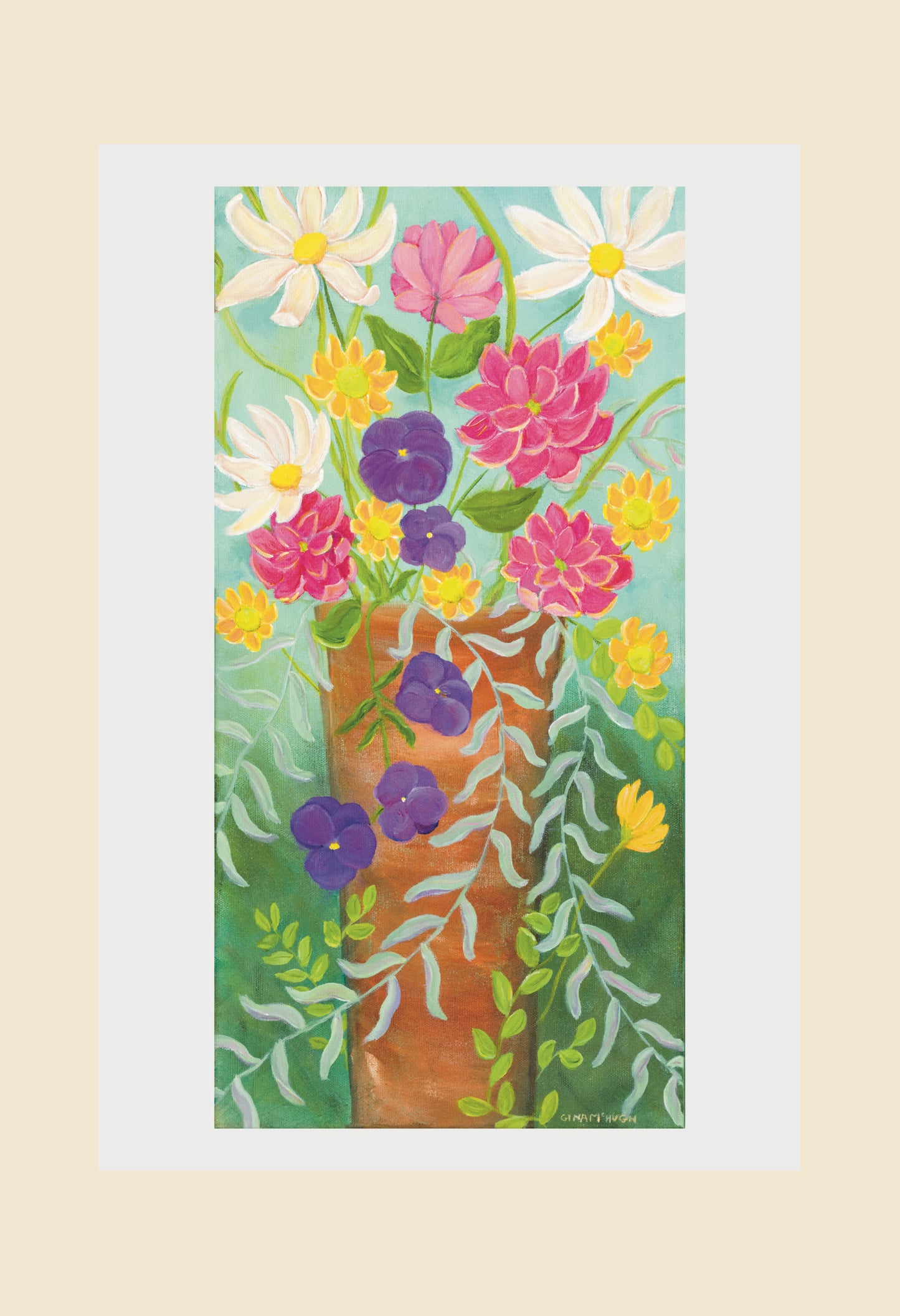 Colorful floral painting with a terracotta vase on a vintage look background