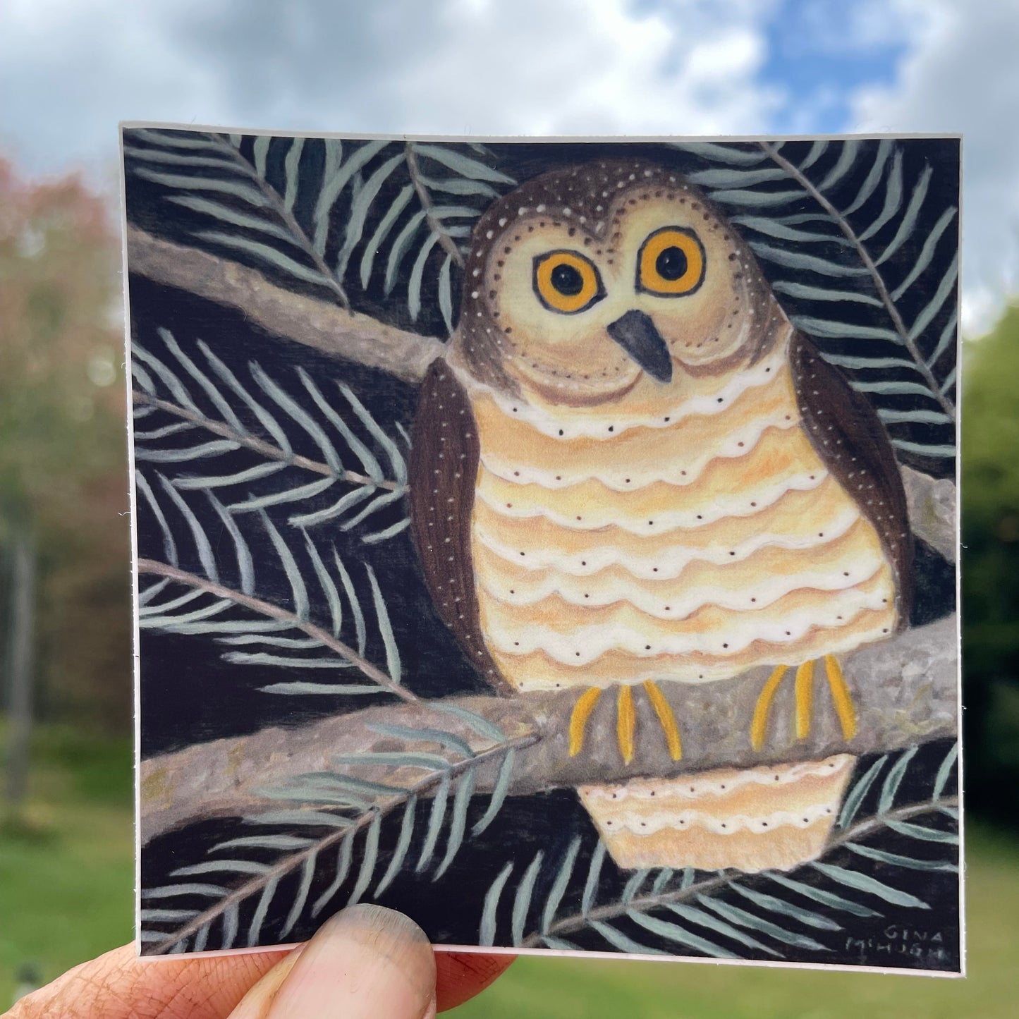 Whimsical owl sticker with pine branches
