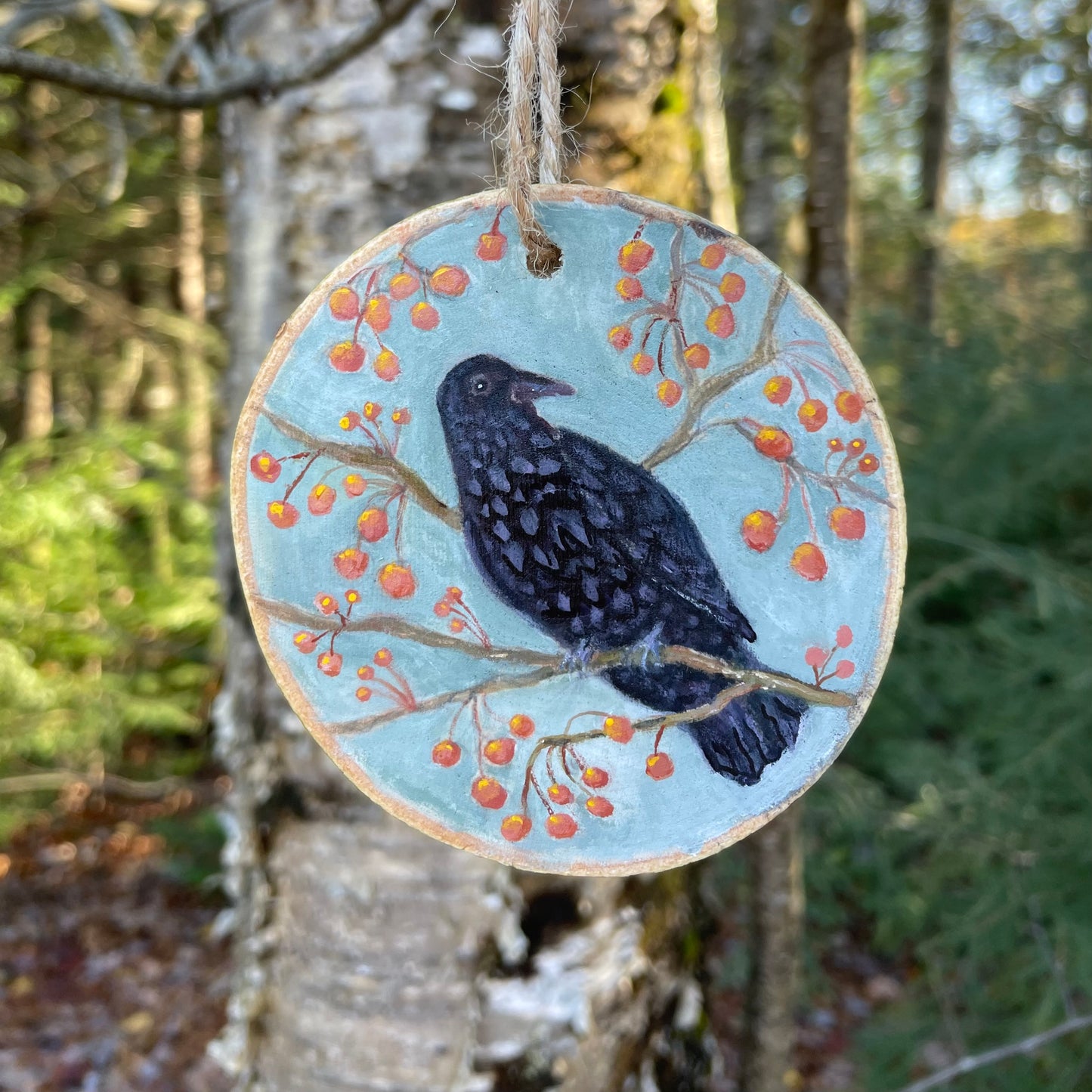 Crow Ornament -Handpainted Aspen Wood Slice Ornament - SOLD