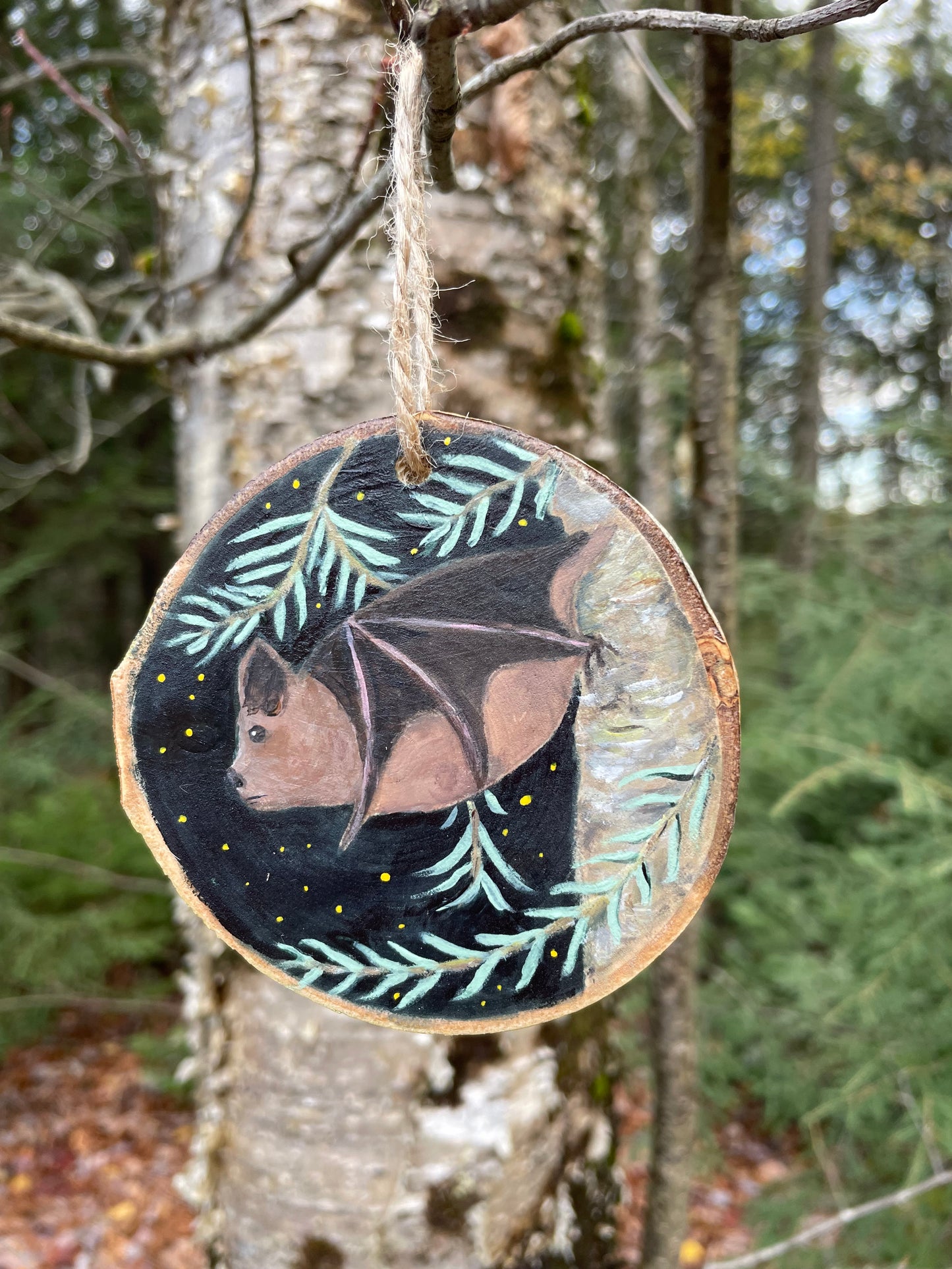 Bat Ornament -Handpainted Aspen Wood Slice Ornament