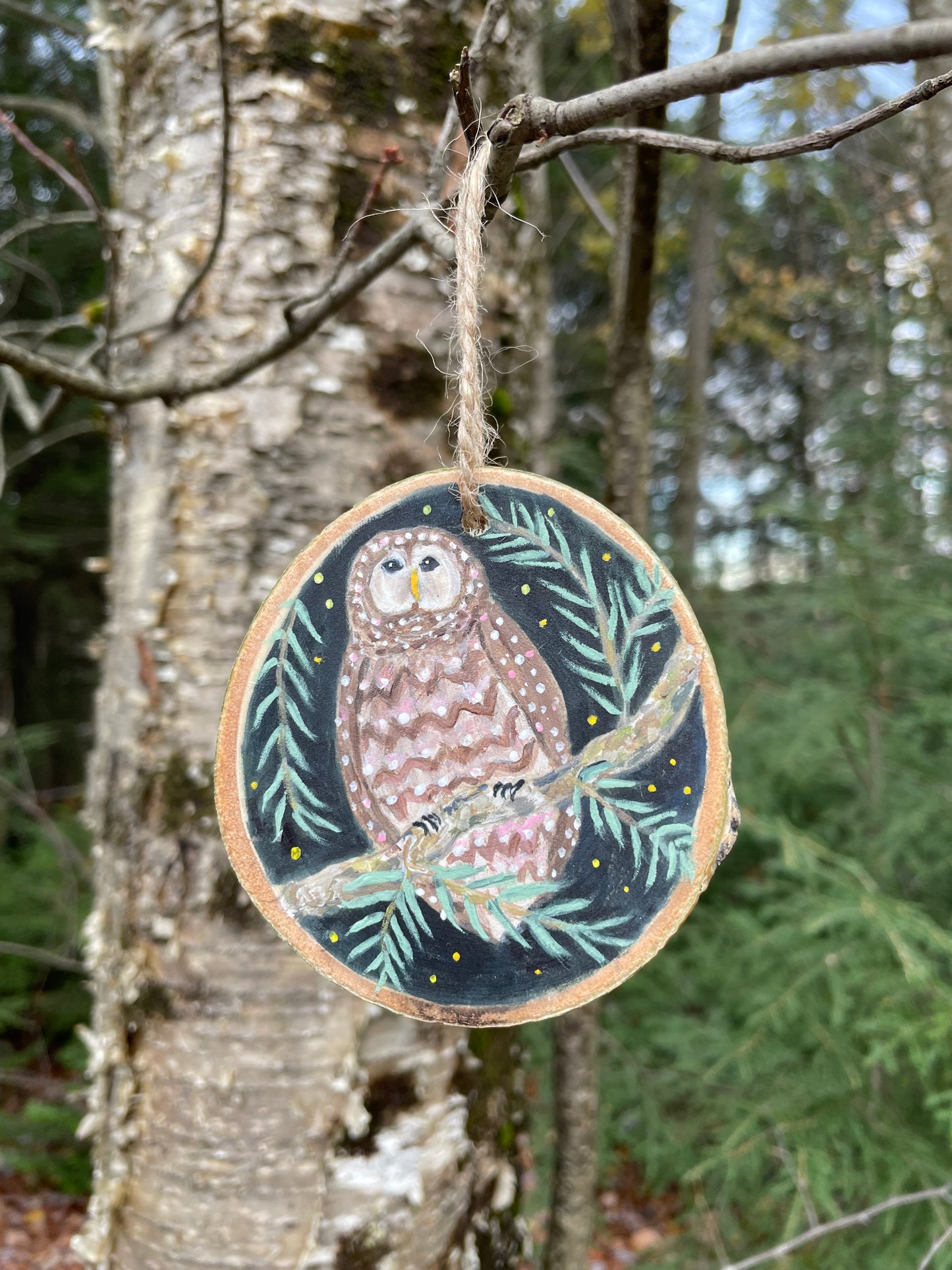 Owl Ornament -Handpainted Aspen Wood Slice ornament - SOLD