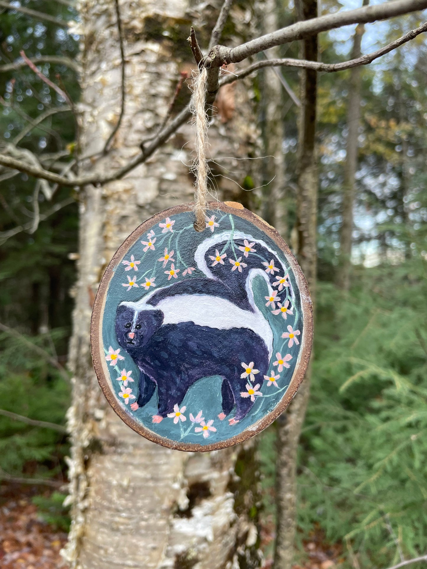 Skunk Ornament -Handpainted Aspen Wood Slice Ornament -SOLD