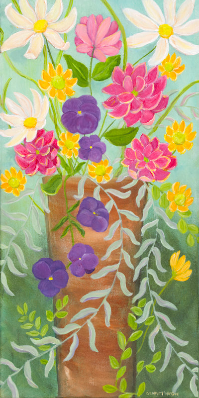 Colorful floral painting with a weathered terracotta vase on a textured background