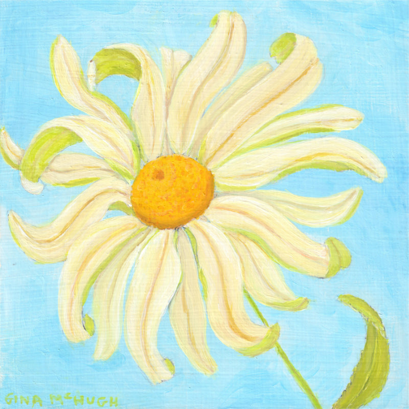 White Shasta Daisy painting with deep yellow and light green accents against a sky blue background