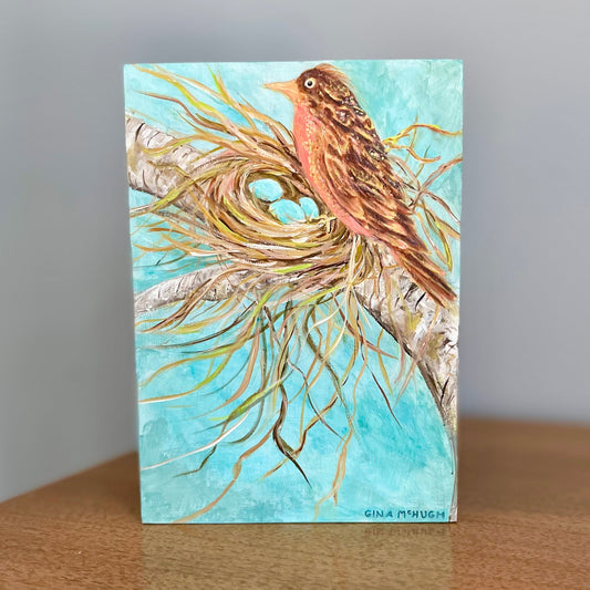 Original painting of a robin in a nest with blue eggs in a birch tree