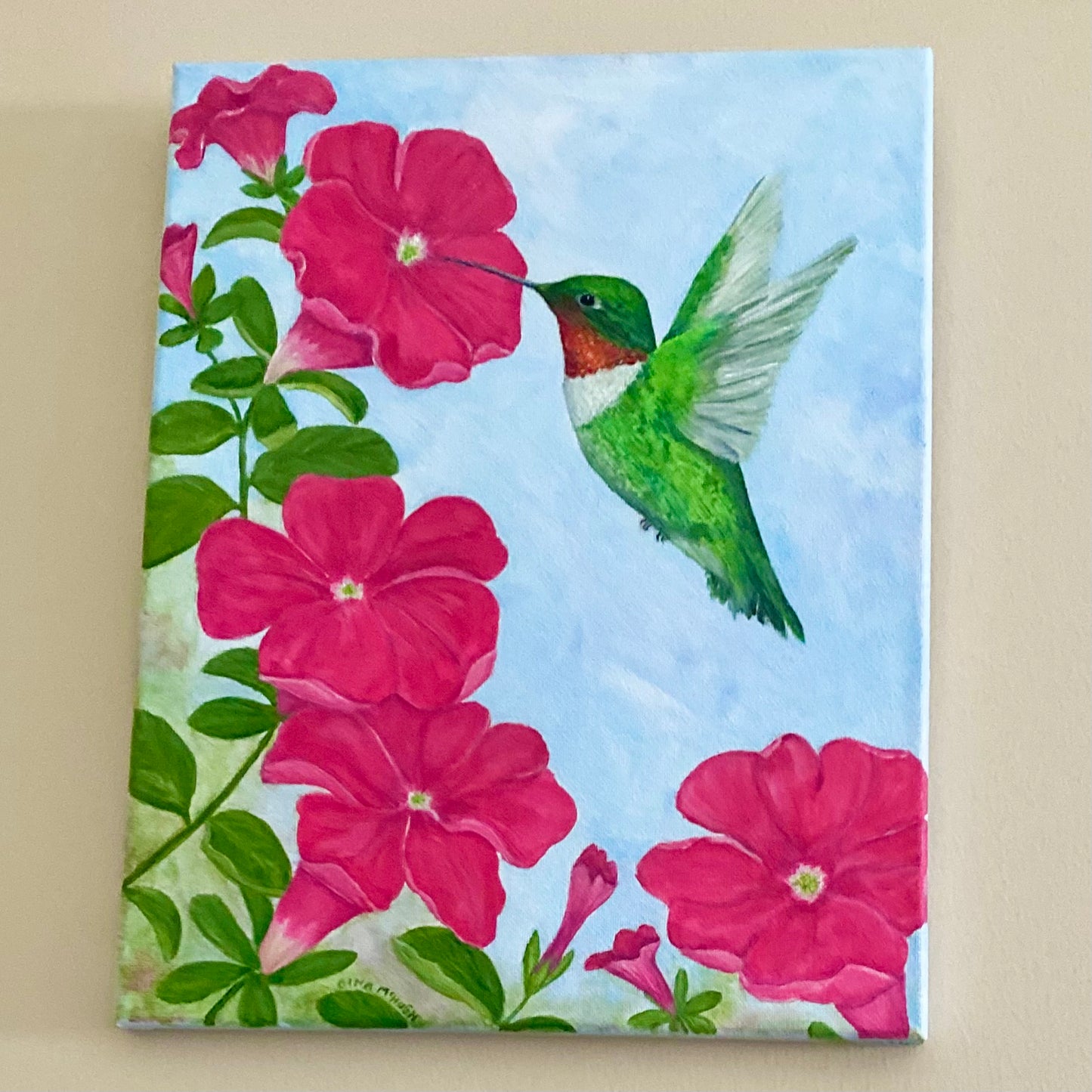 Hummingbird Among Petunias - original painting -SOLD-