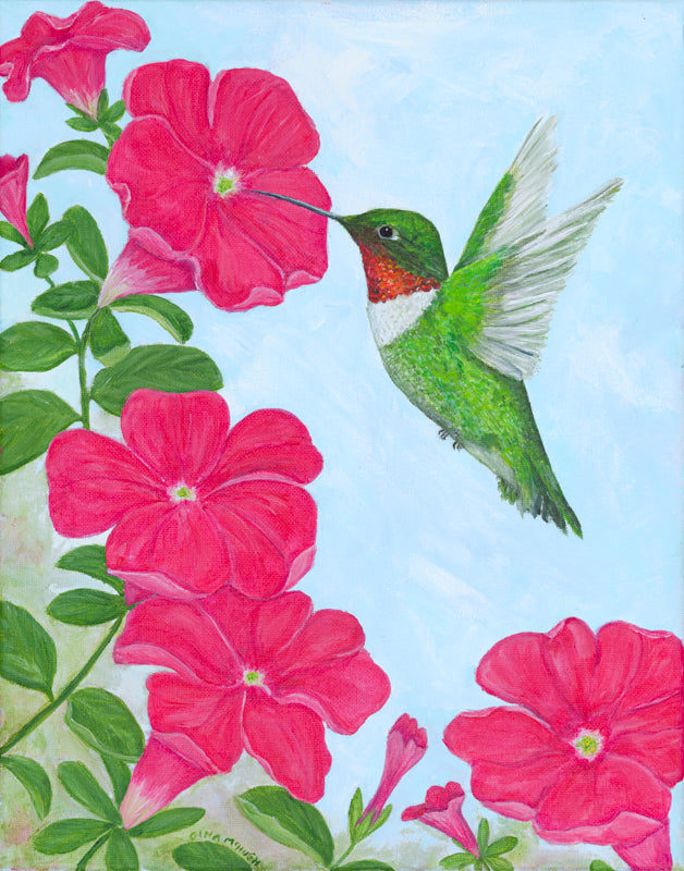 Hummingbird Among Petunias - original painting -SOLD-