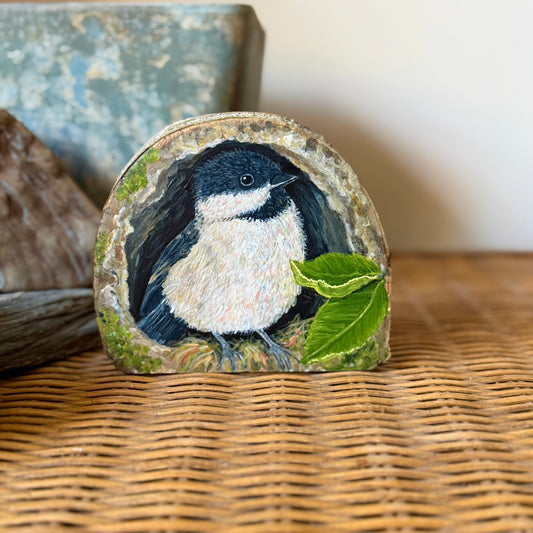 Black-Capped Chickadee - Mini Original Painting on Freestanding Aspen Wood Slice
