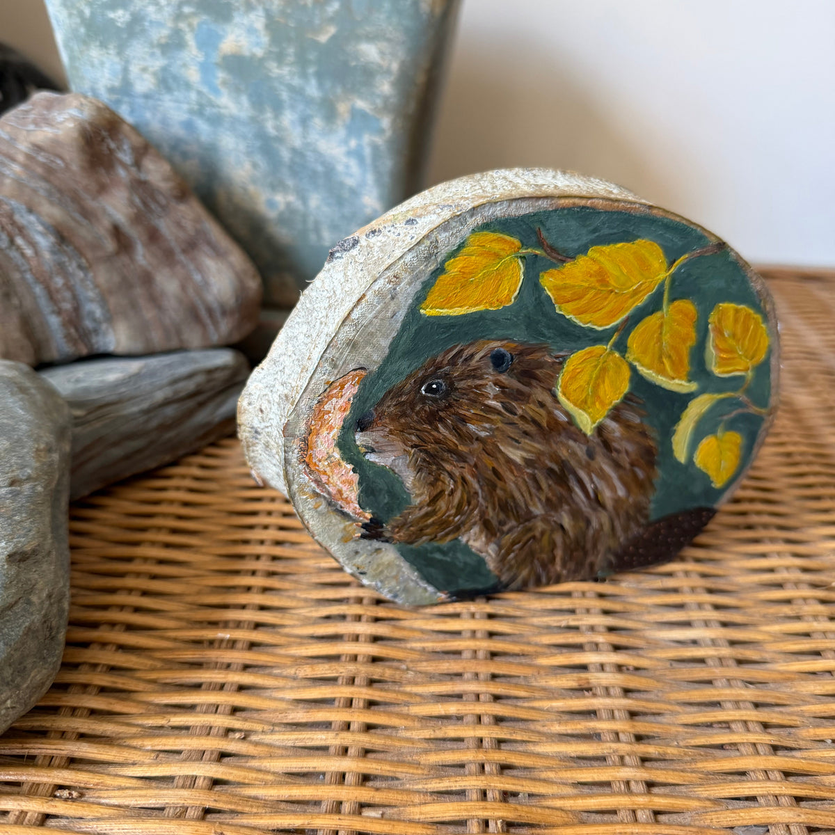 Who, Me? -Beaver - Mini Original Painting on Freestanding Aspen Wood Slice