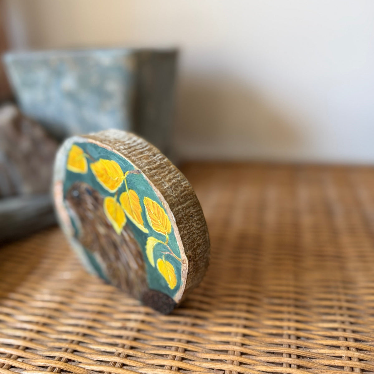 Who, Me? -Beaver - Mini Original Painting on Freestanding Aspen Wood Slice