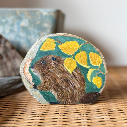 Who, Me? -Beaver - Mini Original Painting on Freestanding Aspen Wood Slice