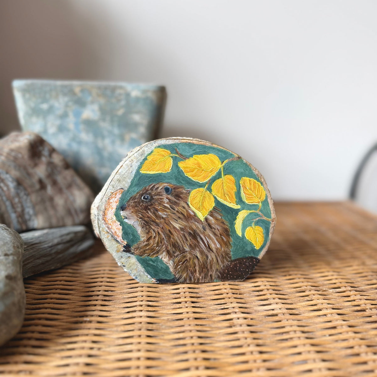 Who, Me? -Beaver - Mini Original Painting on Freestanding Aspen Wood Slice