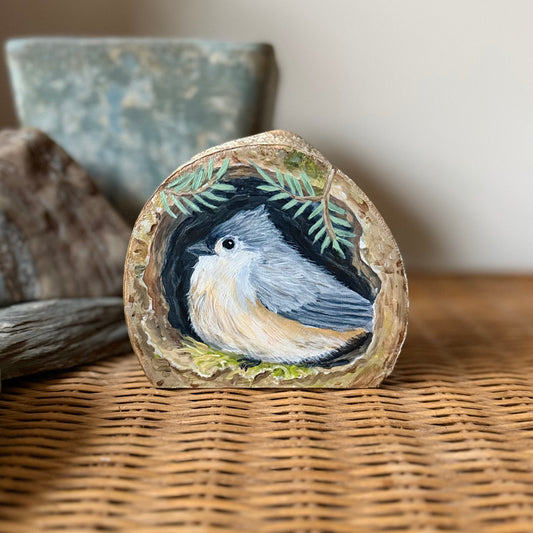 Tufted Titmouse - Mini Original Painting on Freestanding Aspen Wood Slice