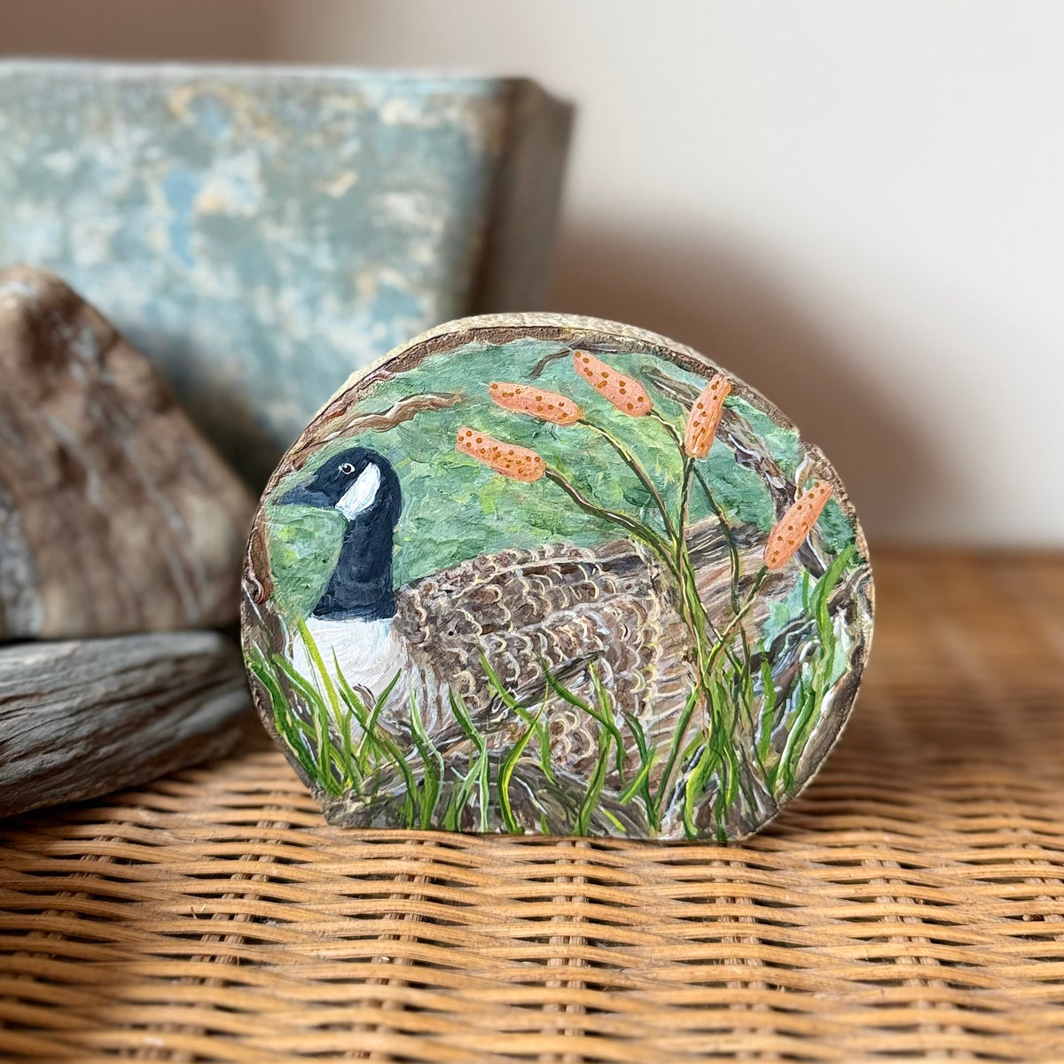 Canada Goose - Mini Original Painting on Freestanding Aspen Wood Slice