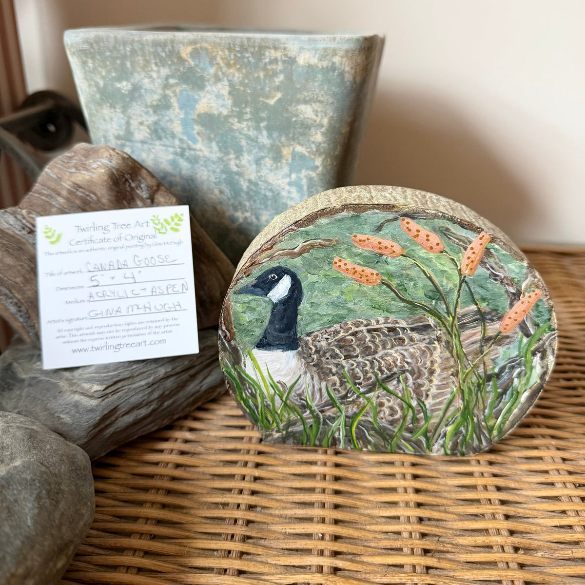 Canada Goose - Mini Original Painting on Freestanding Aspen Wood Slice