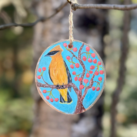 Cedar Waxwing - Handpainted Aspen Wood Slice Ornament