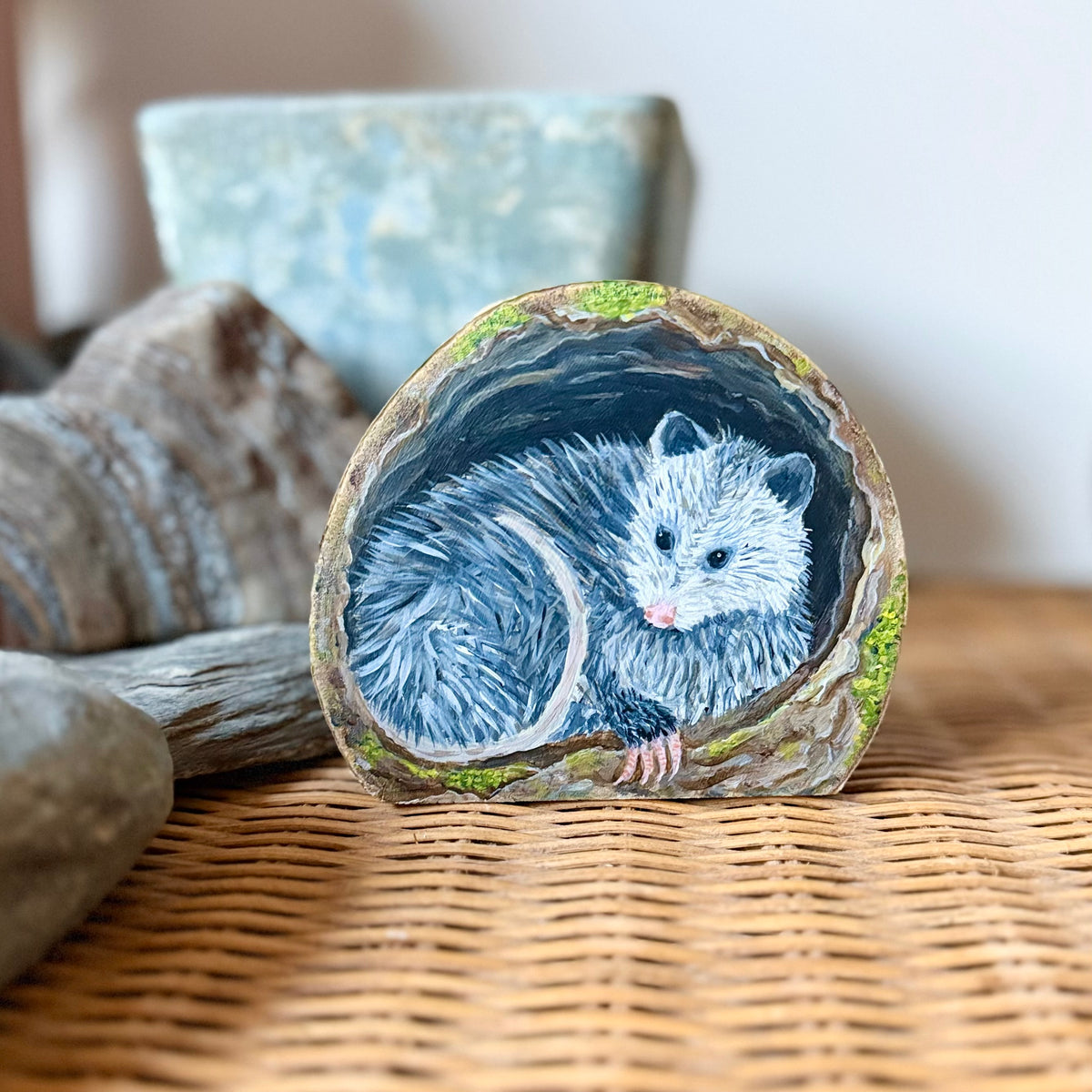 Opossum - Mini Original Painting on Freestanding Aspen Wood Slice
