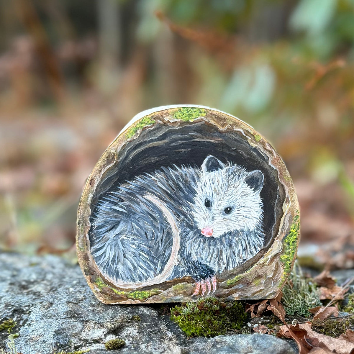 Opossum - Mini Original Painting on Freestanding Aspen Wood Slice