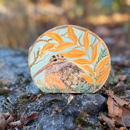 American Woodcock - Mini Original Painting on Freestanding Aspen Wood Slice