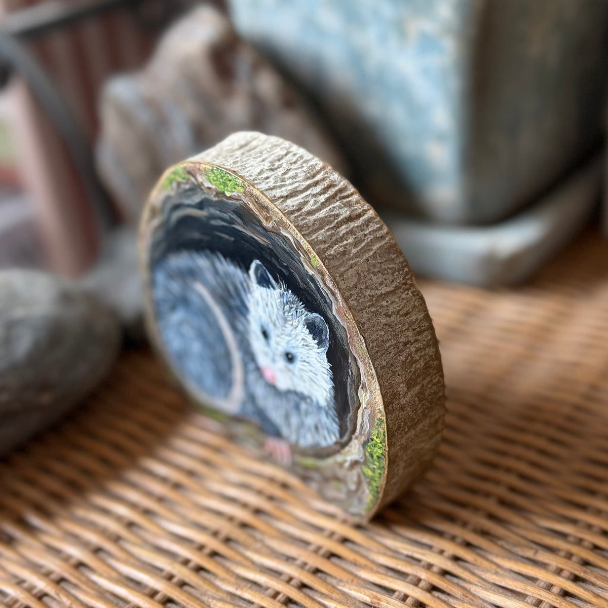 Opossum - Mini Original Painting on Freestanding Aspen Wood Slice