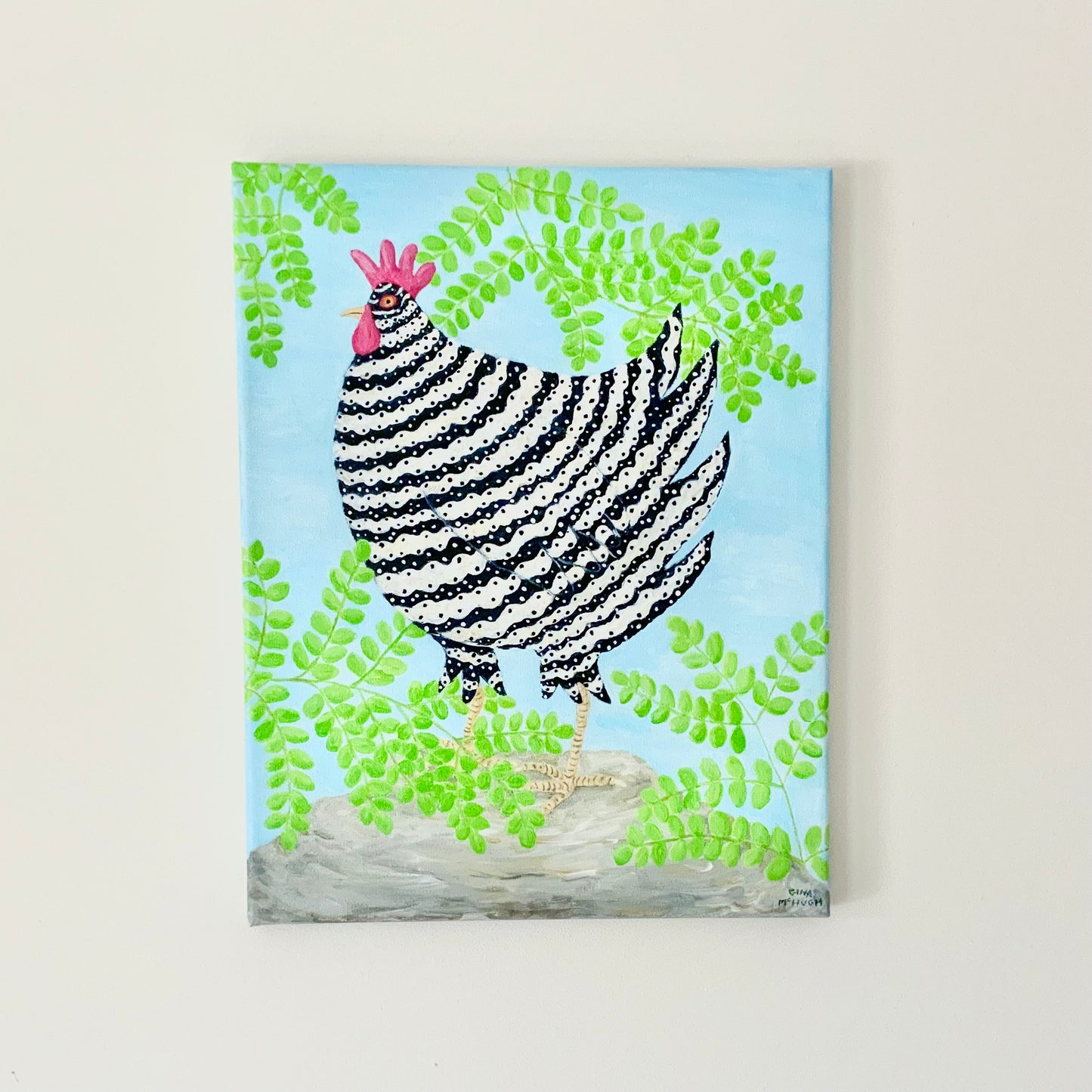 “Lily” Barred Rock Chicken with Ferns - original painting