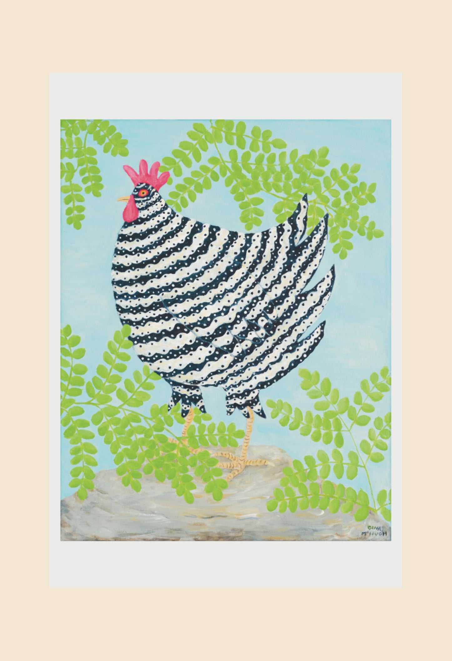 “Lily” Barred Rock Chicken with Ferns print