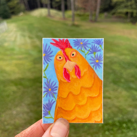 Penelope Chicken with Purple Asters  Vinyl Sticker