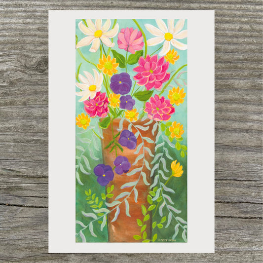 Colorful floral painting with a weathered terracotta  vase on a textured background