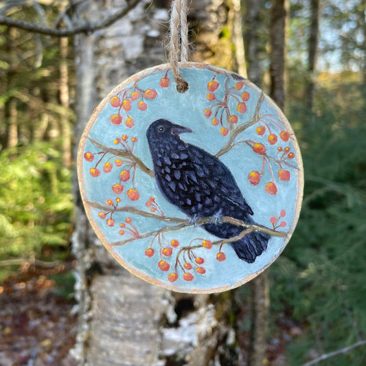 Crow Ornament -Handpainted Aspen Wood Slice Ornament - SOLD