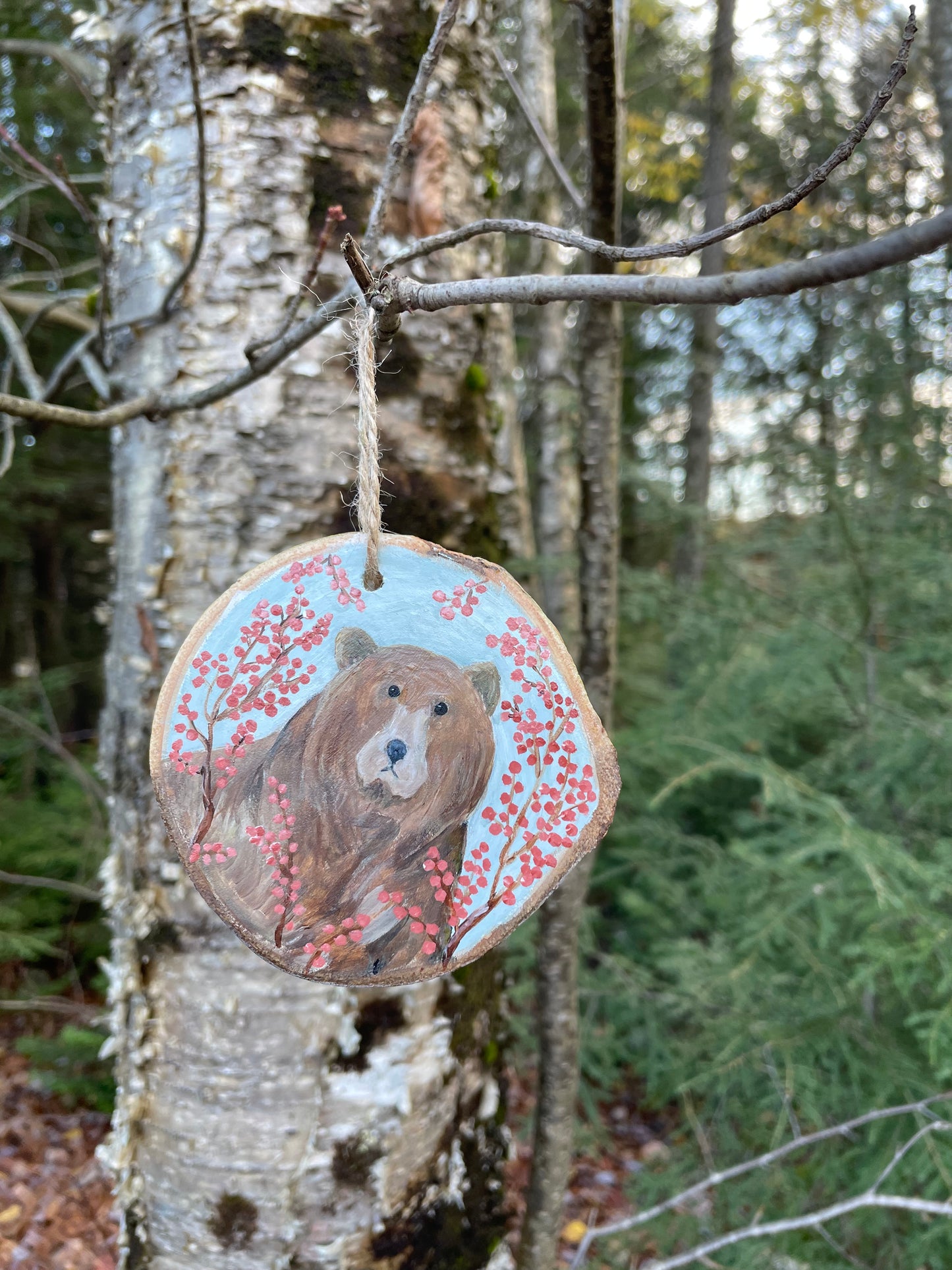 Bear Ornament -Handpainted Aspen Wood Slice Ornament