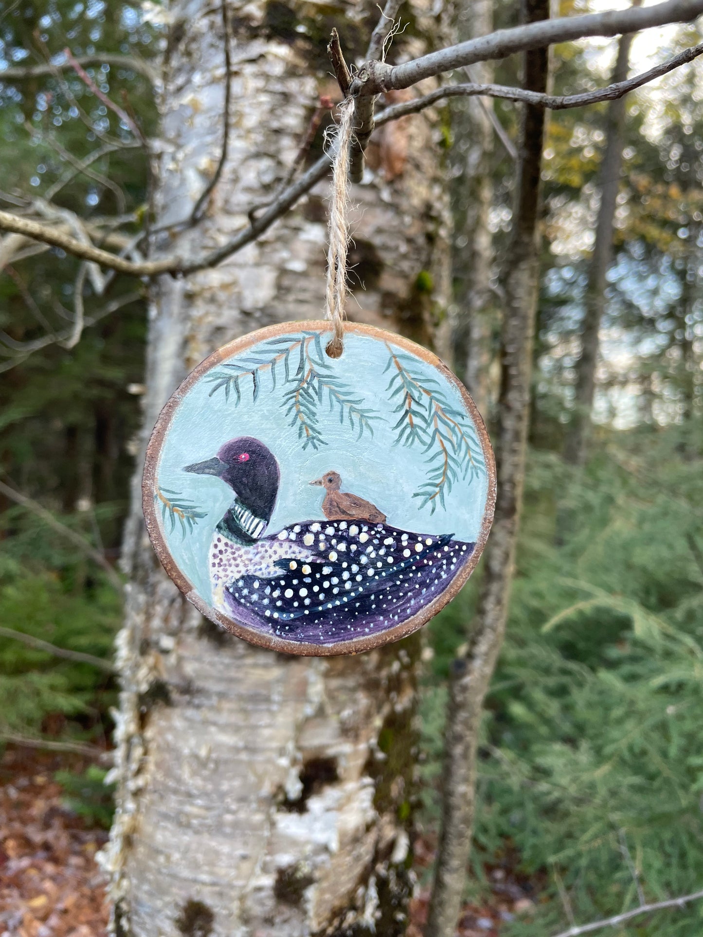 Decorative loon ornament  hanging on a tree branch