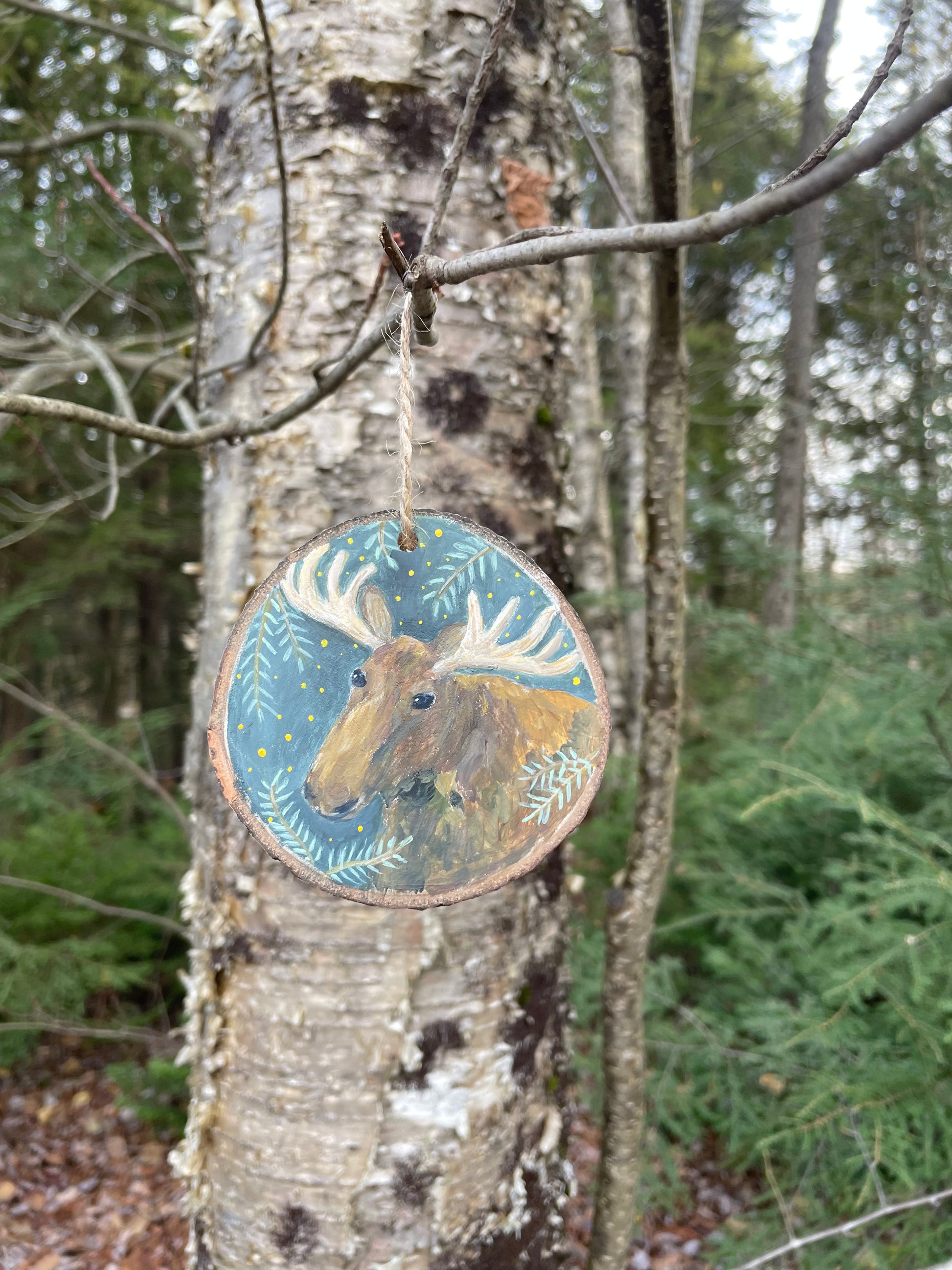 Wooden ornament with a moose design attached to a tree branch in a forest setting