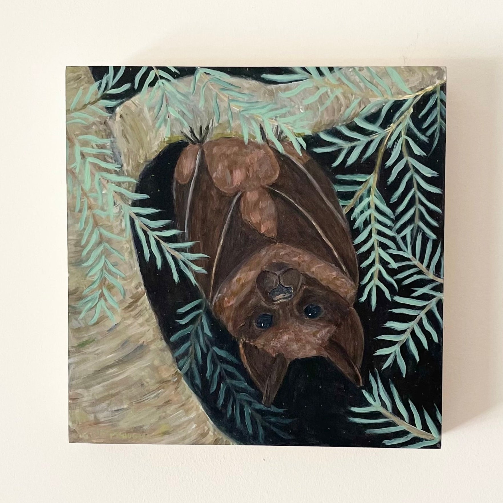 Artistic depiction of a bat hanging from pine tree on a textured background