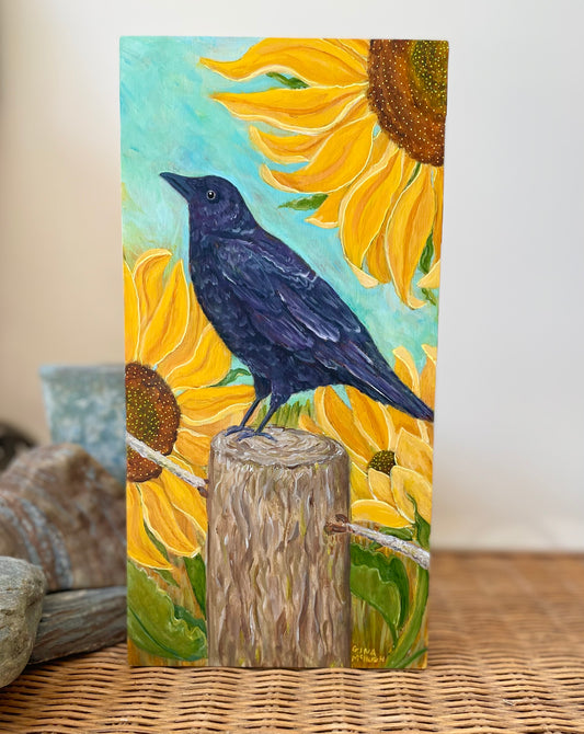 Painting of a crow on a fence post with sunflowers in the background 