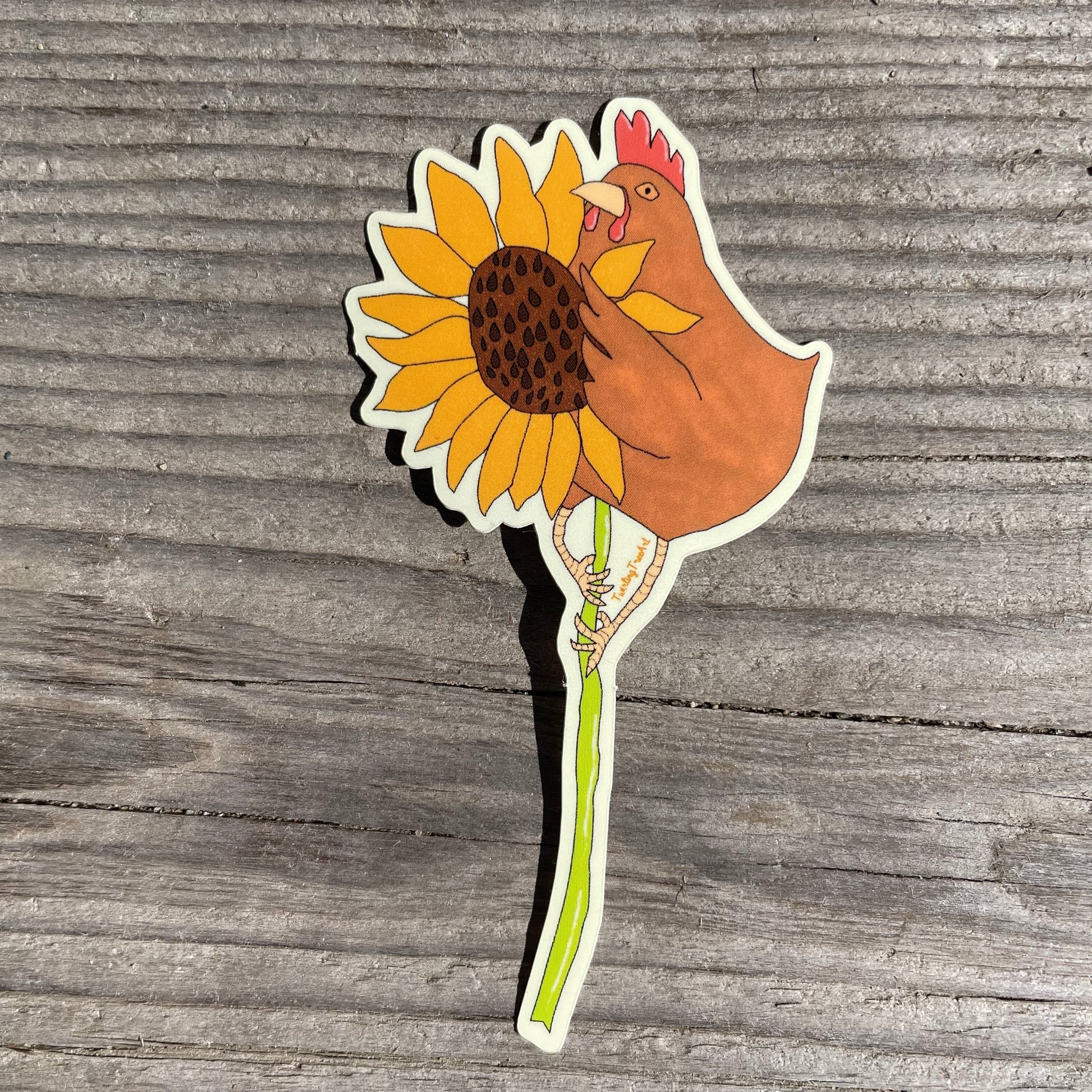 Curious chicken climbing a sunflower sticker i shades of yellow and brown