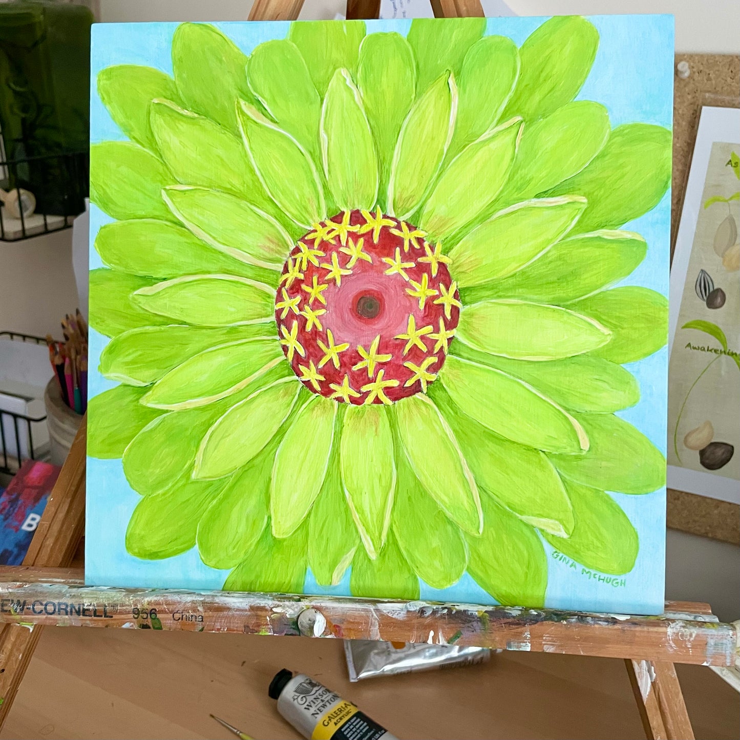 Queen Lime Zinnia 3 - Original Painting