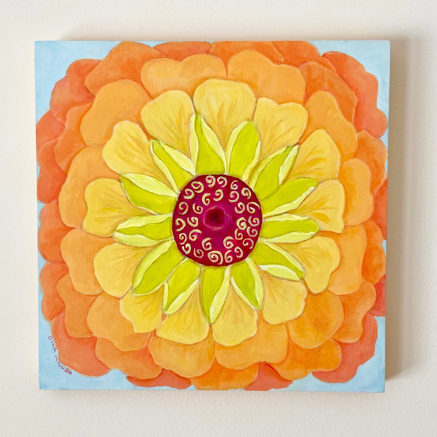 Queen Lemon Peach Zinnia 4- Original Painting