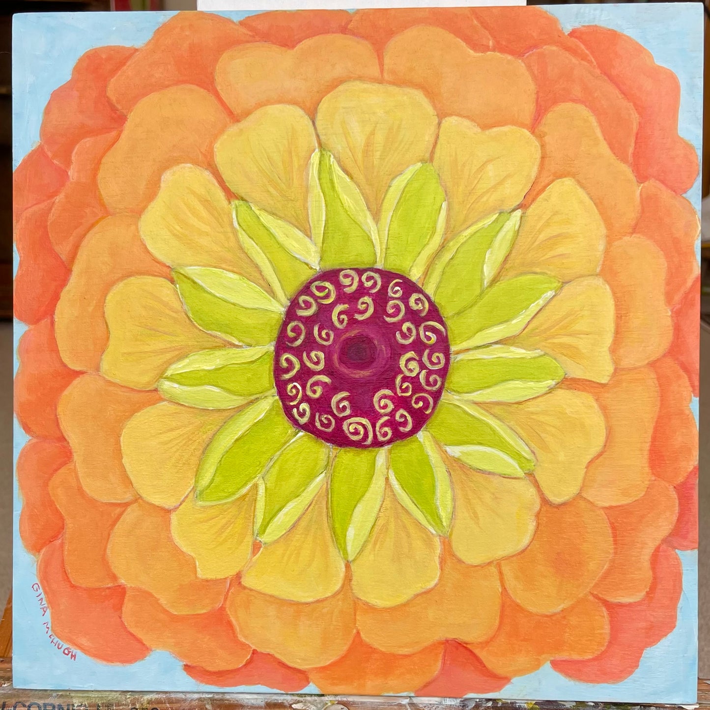 Queen Lemon Peach Zinnia 4- Original Painting