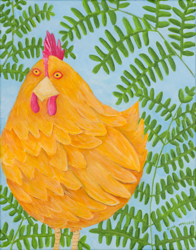 <span>A deep yellow-gold </span>chicken surrounded by lush green ferns