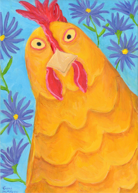 Painting of a chicken with a colorful floral background